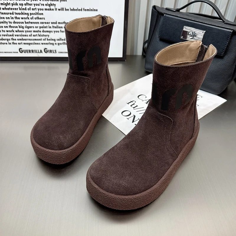 Замшевые женские ботильоны на плоской подошве и платформе зимняя повседневная