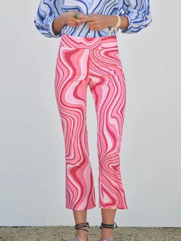 

Женские расклешенные брюки Kumsvag, льняные брюки с высокой талией и принтом, Элегантные повседневные уличные брюки, одежда для лета, 2022