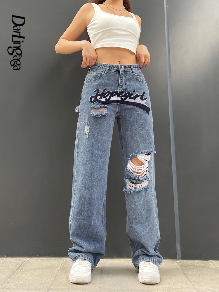 

Darlingaga Streetwear Letter Patched Straight Hole Ripped Jeans Women Fashion Baggy Denim Pants Casual High Waist Trousers 2022