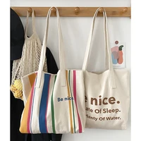 womens canvas striped shoulder bags contrast color letter tote handbags large capacity cotton cloth school travel shopping bag