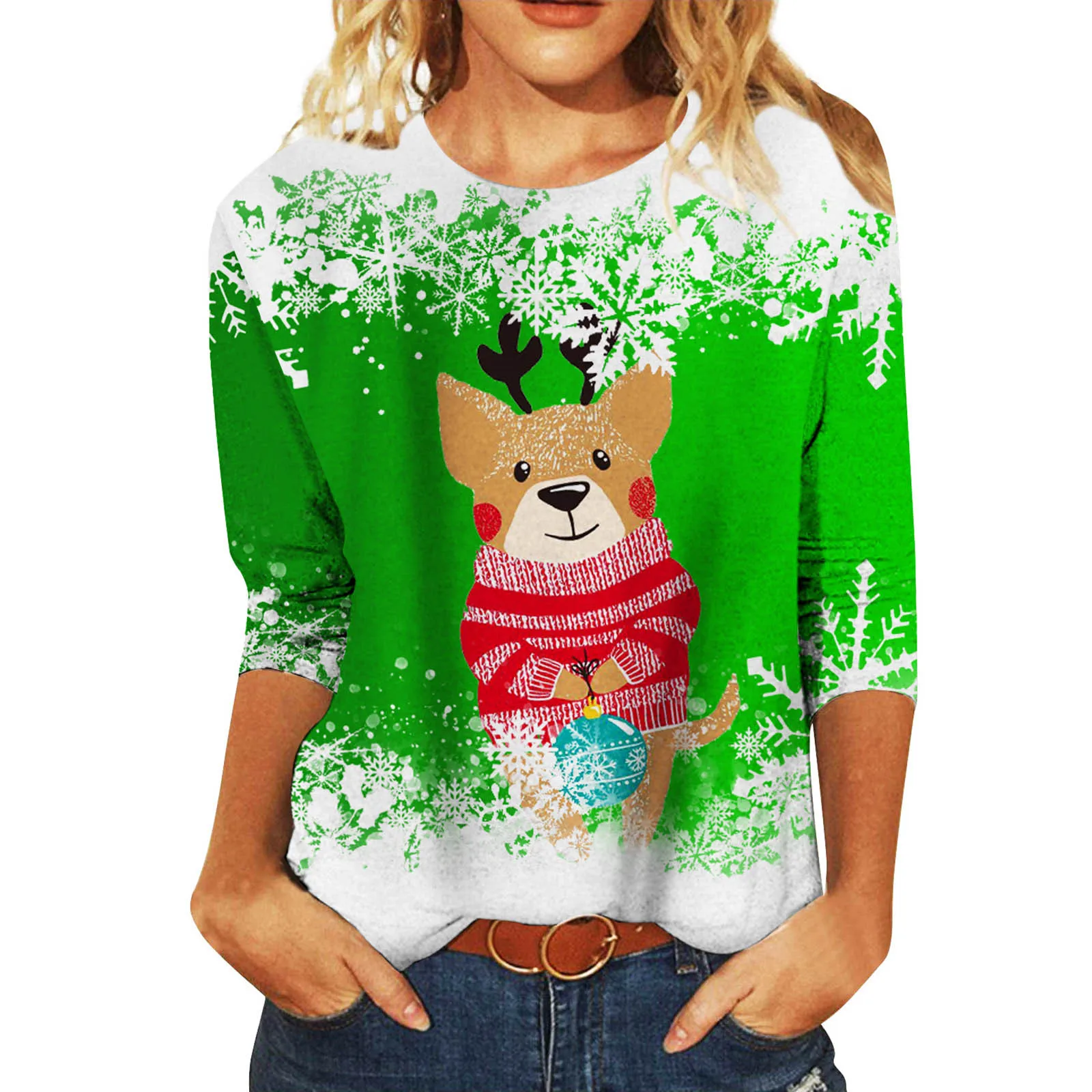 

Women's Christmas Series Printed Round Neck Middle Sleeve Contrast Casual T Women's Sweatshirts Jackets Work Women Cute Tunic