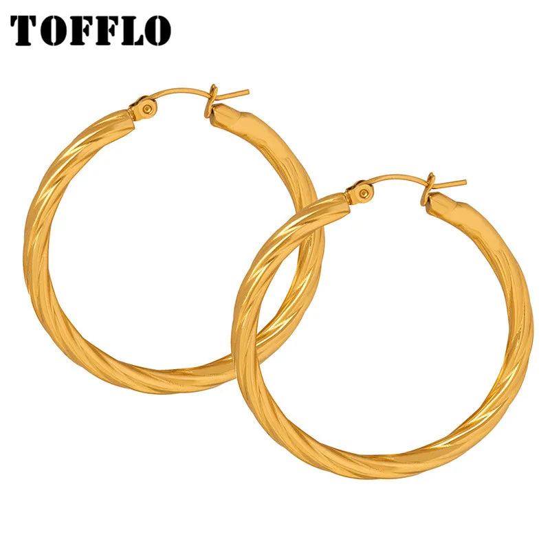 

TOFFLO Stainless Steel Jewelry Round Fried Dough Twists Earrings Women's Simple Large Ring Earrings BSF842