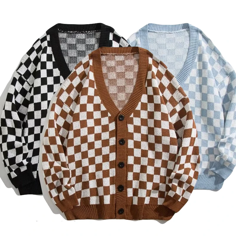 

men's cardigan sweater checkerboard button knitted jacket men and women sweater couple casual sweater New Year's gift Christmas