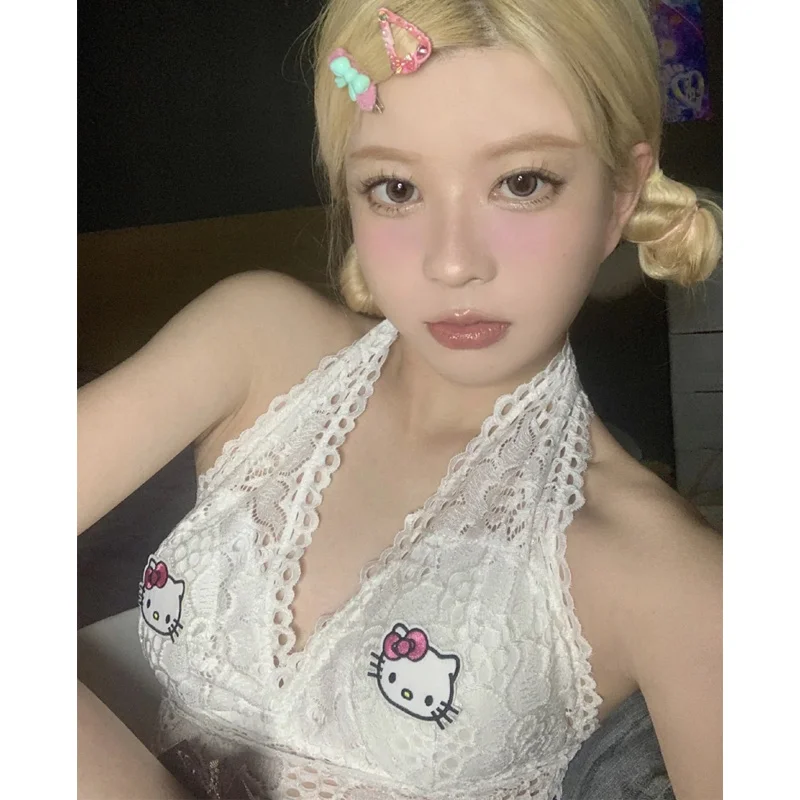 

Сексуальное женское нижнее белье Sanrio на бретельках с глубоким V-образным вырезом и кружевной отделкой Hello Kitty удобный женский топ с принтом