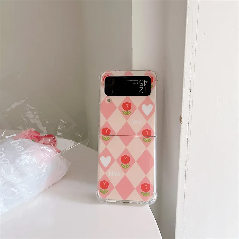 

Flower Pink Diamond Phone Case for Samsung Galaxy Z Flip 3 5G Hard PC Back Cover for ZFlip3 Case Protective Shell