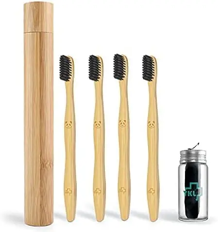 Juego de cepillos de dientes de bambú ecológicos, 1 soporte de cepillo de dientes de bambú de viaje, 4 cepillos de dientes suaves biodegradables, 1 botella de hilo Dental