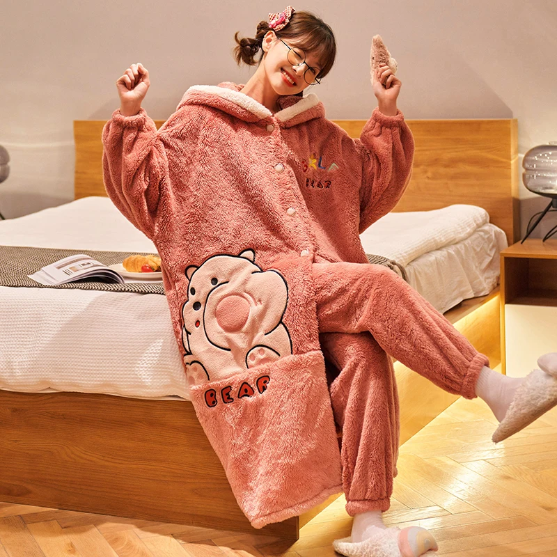Women Sleepwear Plus Size Medium Style Winter Pajamas Set Loose Version Keep Warm Intensification Pyjamas Plush Nightgown Hooded