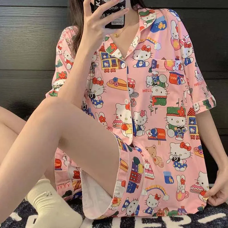 

Sanrio Kittys Melody Cinnamoroll Kuromi Pochacco Kawaii Cartoon Sleepwear 2023 New Girls Casual Fashion Homewear Two Piece Sets