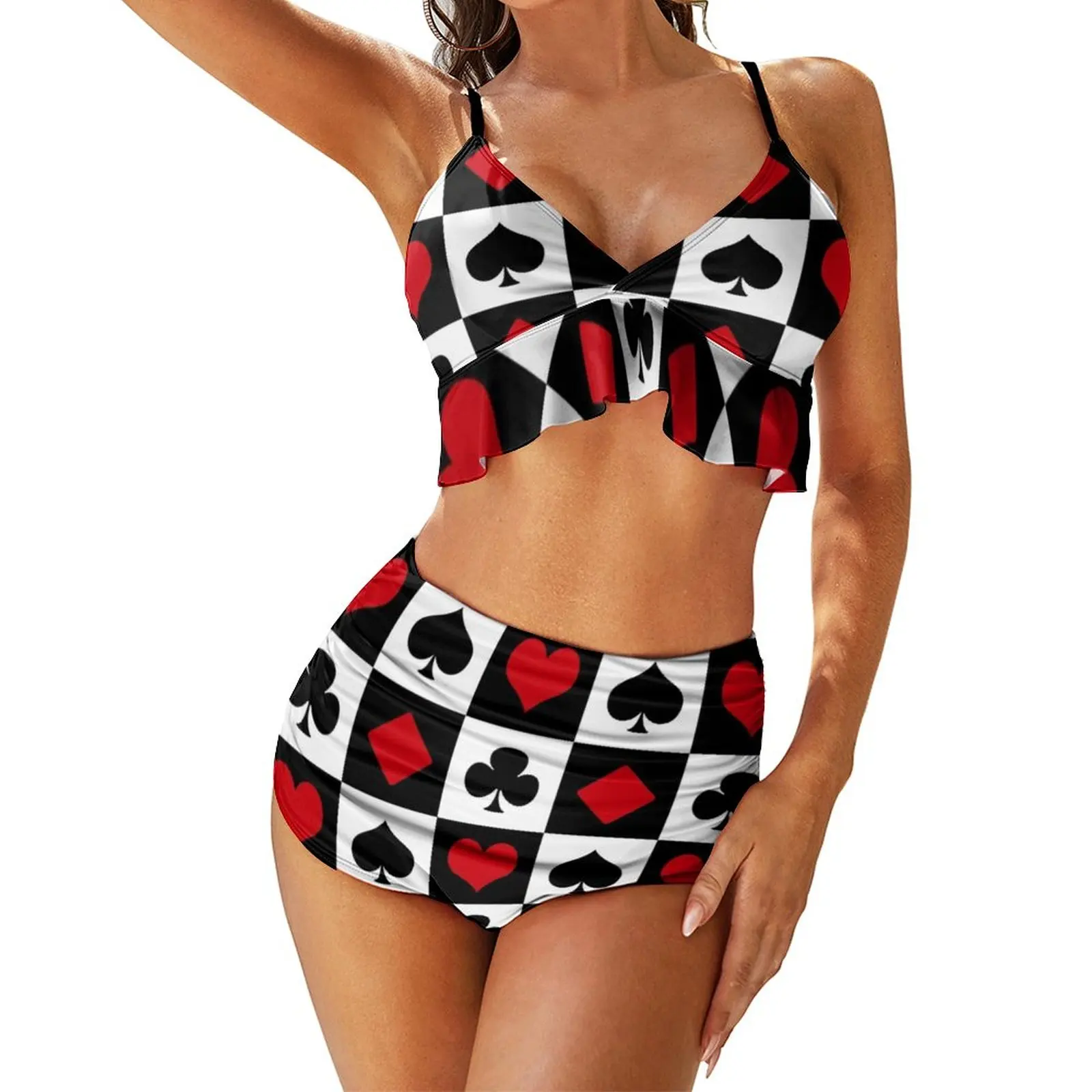 

Sexy Plaid Poker Print Bikini Swimsuit Playing Card Stylish Swimwear High Waist Bikini Set Push Up Feminine Bikinis Biquini