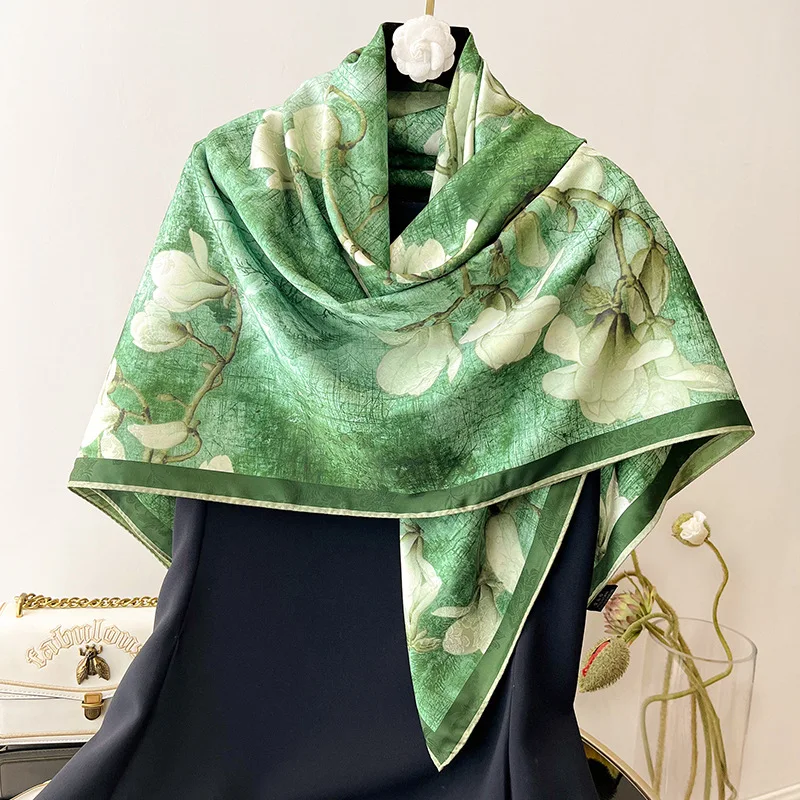 

2022 Autumn Warm Silk Feeling 110cm Sqaure Scarf for Women Shawl Warps Bandana Hijab Neckerchief Travel Beach Stoles Scarves