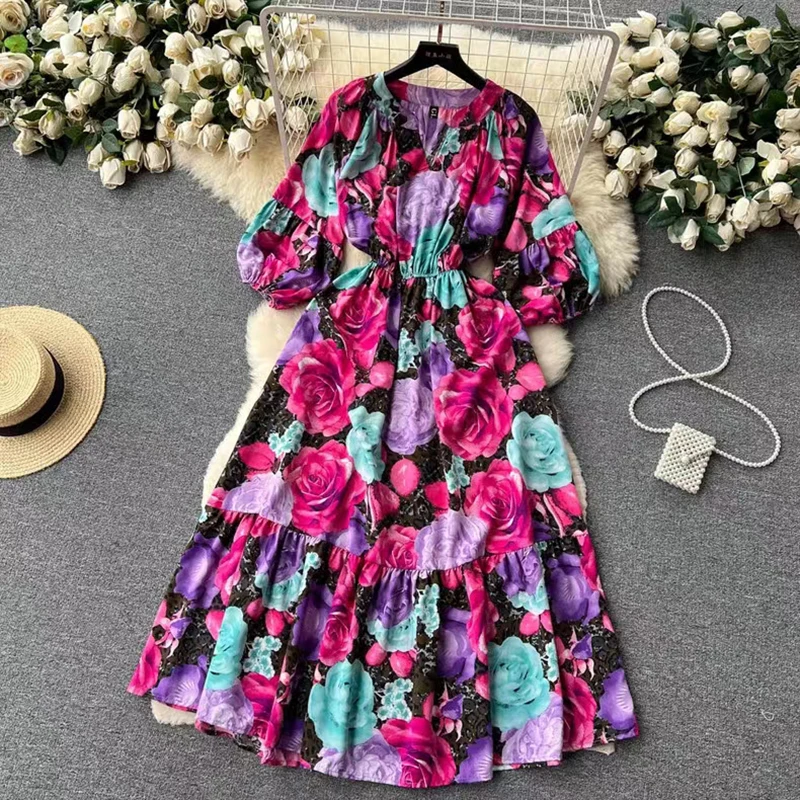 

2023 New Summer Leisure Vacation Beach Dress Sexy V-neck Printed A-line Dresses Fashion Women's Clothing Chic Elegant vestidos
