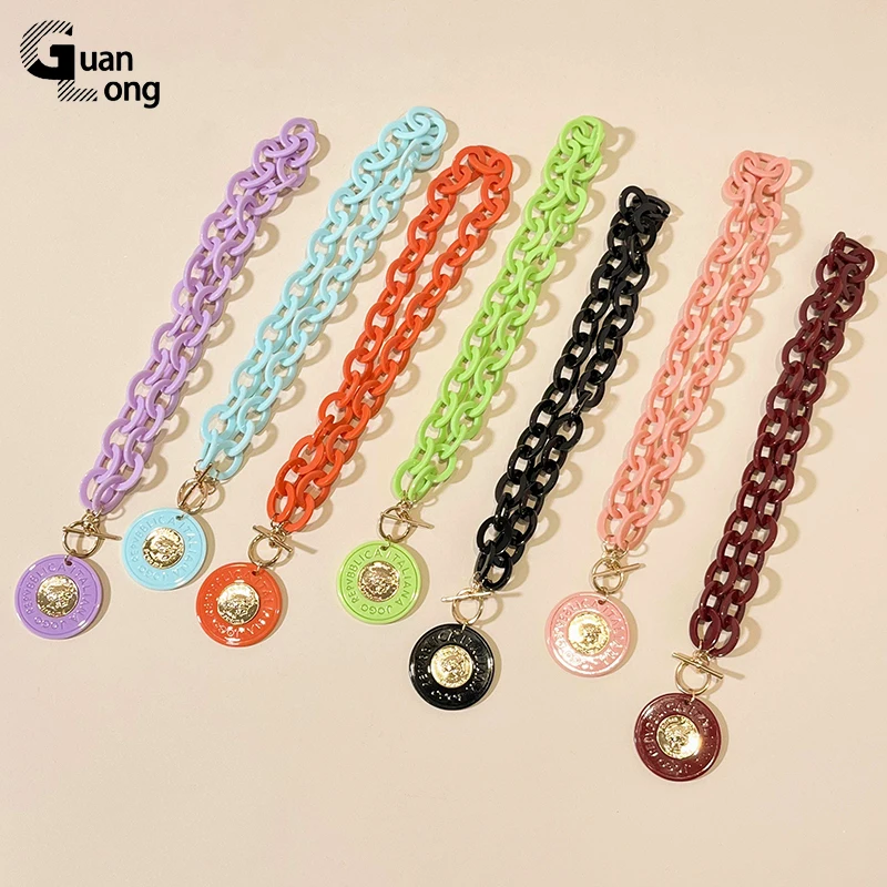 

GuanLong Coin Shape Acrylic Resin Necklaces For Women Fashion Jewelry Chain Round Pendant Long Necklace & Bracelets Set Jewelry