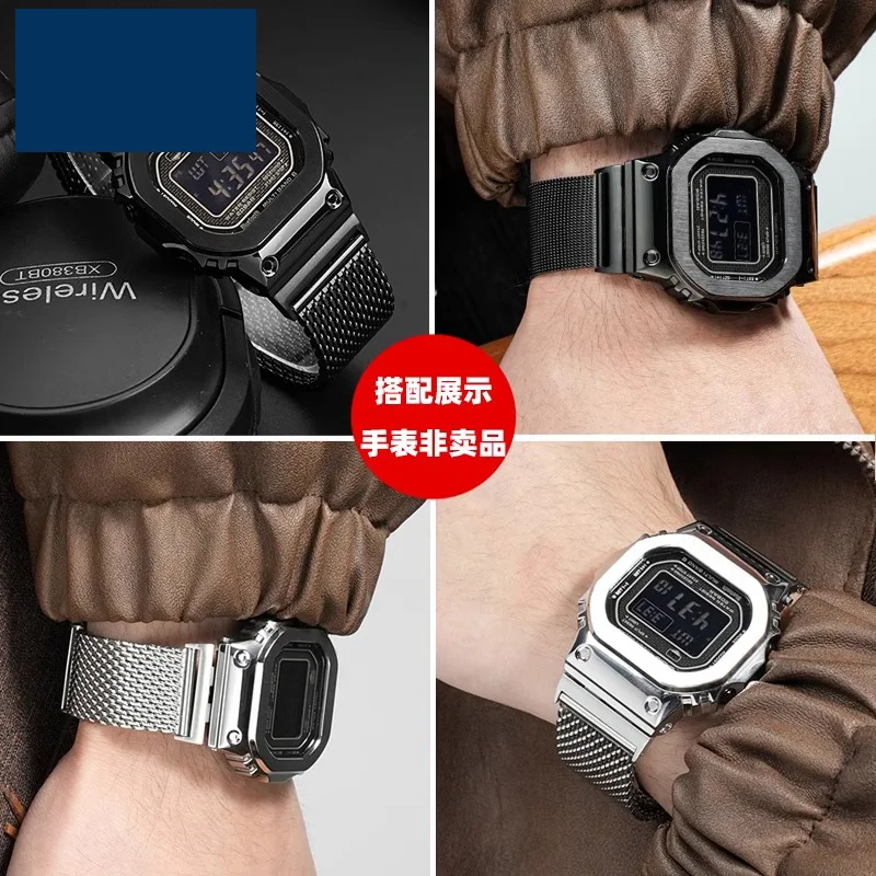 Фото Сетчатый ремень Milan из нержавеющей стали для Casio GMW-B5000 Gmw b5000 GM-B2100, мужской спортивный ремешок, черный, серебристый, металлический браслет №4