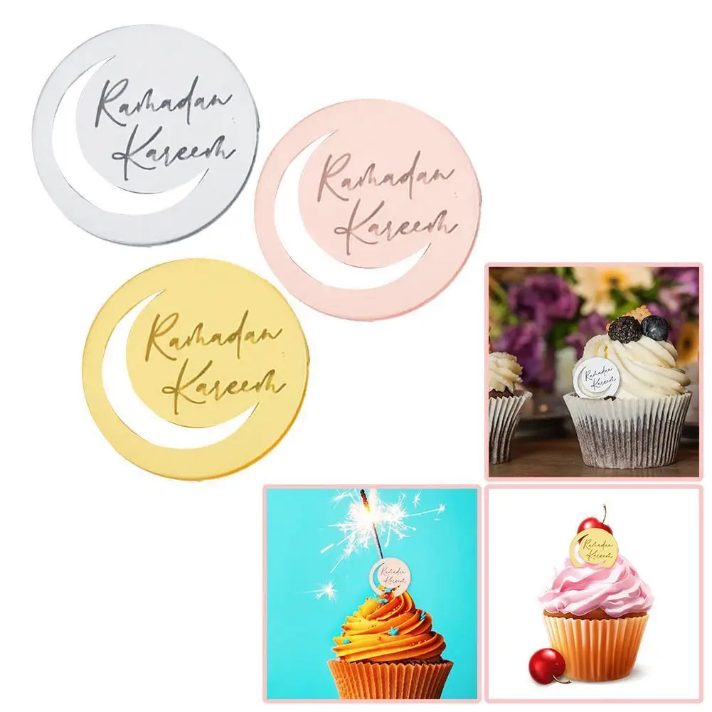 

10pcs Eid Mubarak Acrylic Cupcake Topper Gold Ramadan Kareem Cake Topper Islamic Muslim Festival Party Cake DIY Decorations