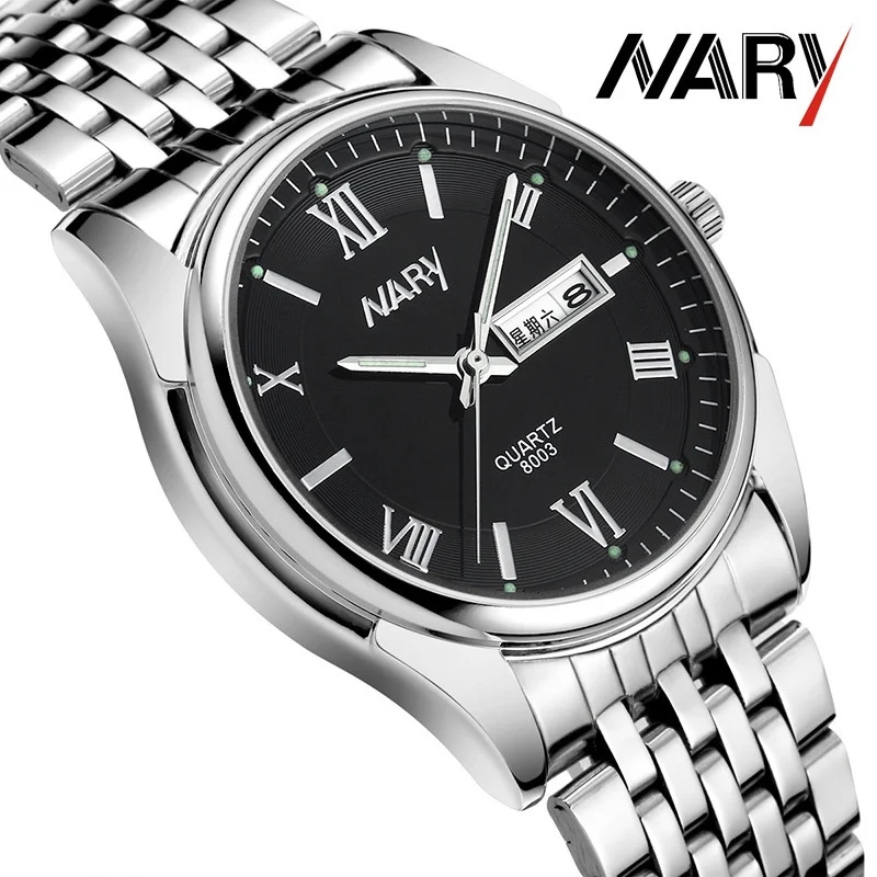 

Модные мужские кварцевые часы из нержавеющей стали, светящиеся деловые водонепроницаемые часы с календарем, мужские часы Relo 8003