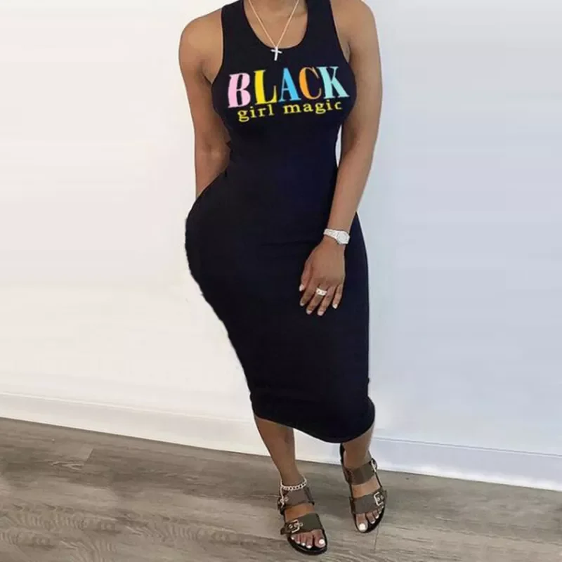 

New2022 Summer Women Fashion S-5XL Plus Size Black-Girl-Magic Print Sleeveless O-Neck Slim Mid-Calf Dress Sexy Bodycon Maxi Dres