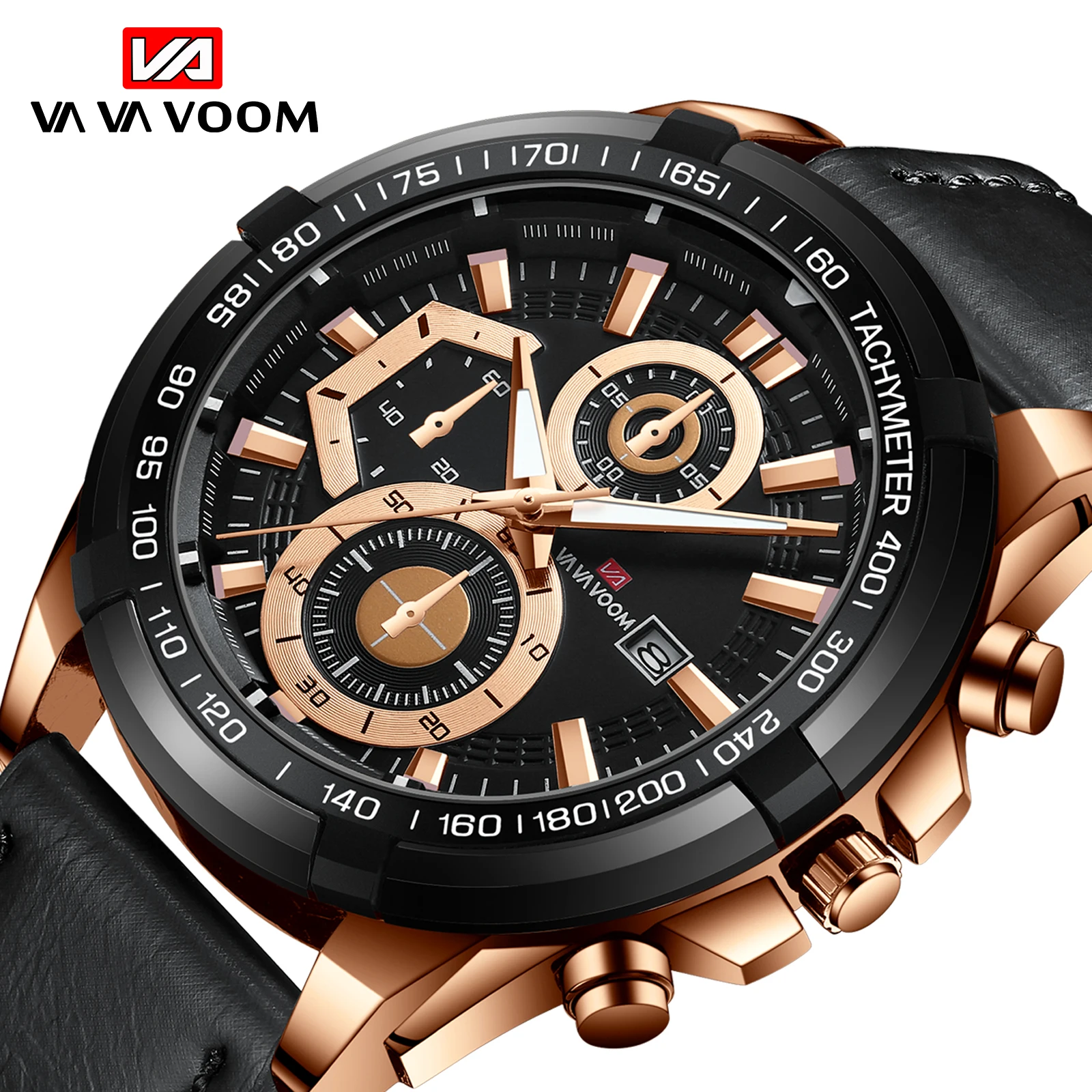

VAVA VOOM New Men Sports Watch Fashion Rose Gold Case Black Leather Strap Calendar Waterproof Quartz Watch Relogio Masculino