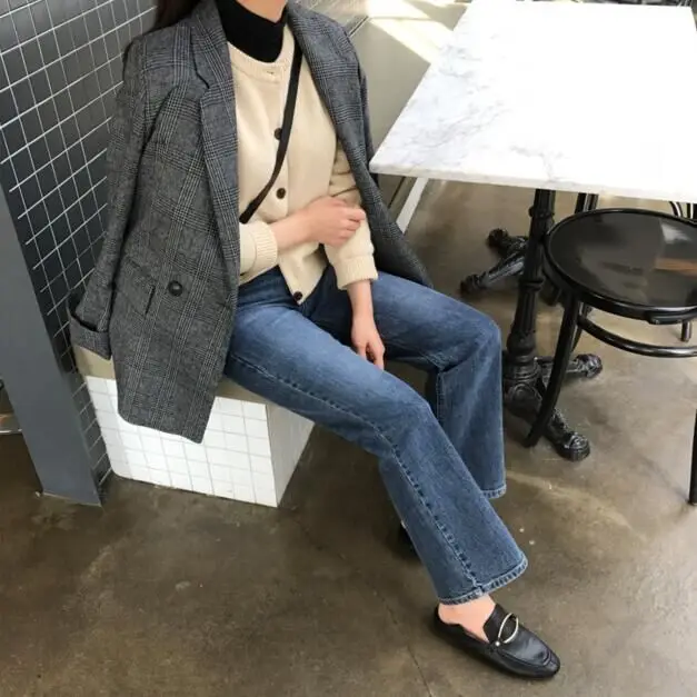 Retro British Suit Jacket Women Autumn Winter Coat Blazers Korean Style Striped Plaid Woman Vintage Clothes Black Coats Office