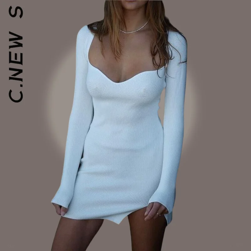

Fashion Dress Women Split Knitted Dress Sexy Slim Square Collar Long Sleeve Mini Dresses Popular Vestidos Female Clothing