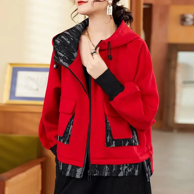 

[With lining] 2022 Spring and Autumn New All-match Women's Jacket Hooded Stitching Loose All-match Long-Sleeved Zipper Top For X