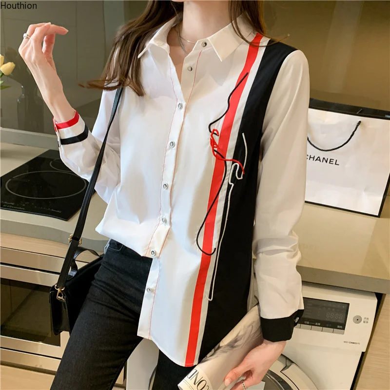 

Summer Women's Blouses New Long Sleeve Tops Splicing Fashion Casual Loose Matching Chiffon Polo Shirts