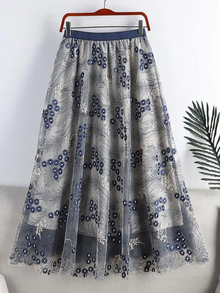 Сетчатые юбки с вышивкой женские вечерние эластичной высокой талией летние миди