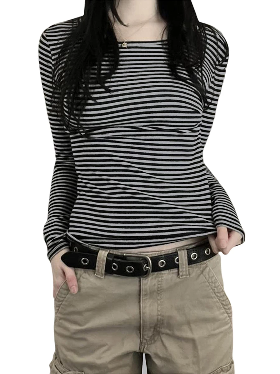 

Women Long Sleeve Gothic Grunge Tee Tops Y2k Striped Graphic T-Shirt Aesthetic Harajuku Jumper Blouse E Girl 90s Clothes
