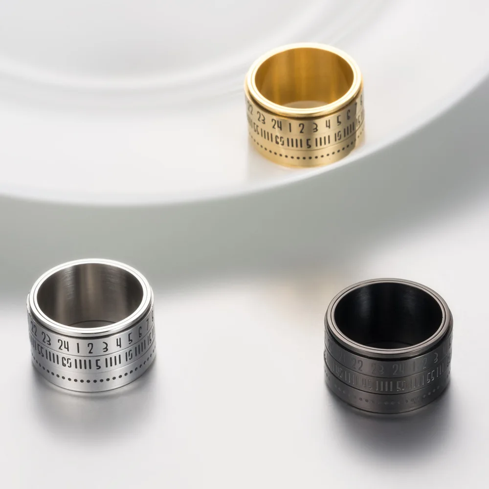 

Time Shape Men Rings Silver Color Titanium Steel Rotating Ring Arabic Numerals Calendar Shape Anel Masculino Fashion Accessories