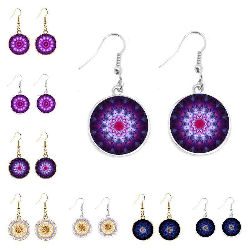 

Sweet and Romantic Kaleidoscope Fashion 20mm Glass Cabochon Ear Hook Earrings Mandala Pattern Earrings Female Gift Jewelry