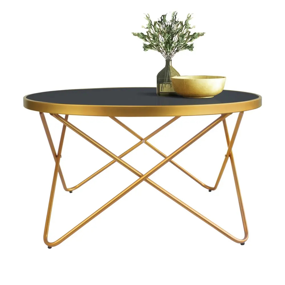 

Round Glass Coffee Table, Gold Legged, Black