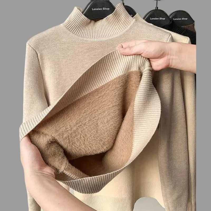 

Velvet Half Turtleneck Sweater Women Bottoming Shirt Women's Thick knitted Pullover Autumn Winter Warm Knitwear Tops