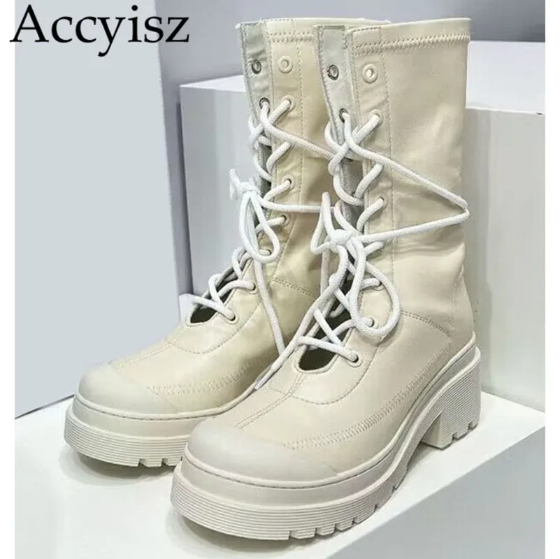 

New Autumn Thick Sole Mesh Real Leather Mid Calf Boots Women Lace Up Riding Boots Breathable British Style Stretch Short Botas