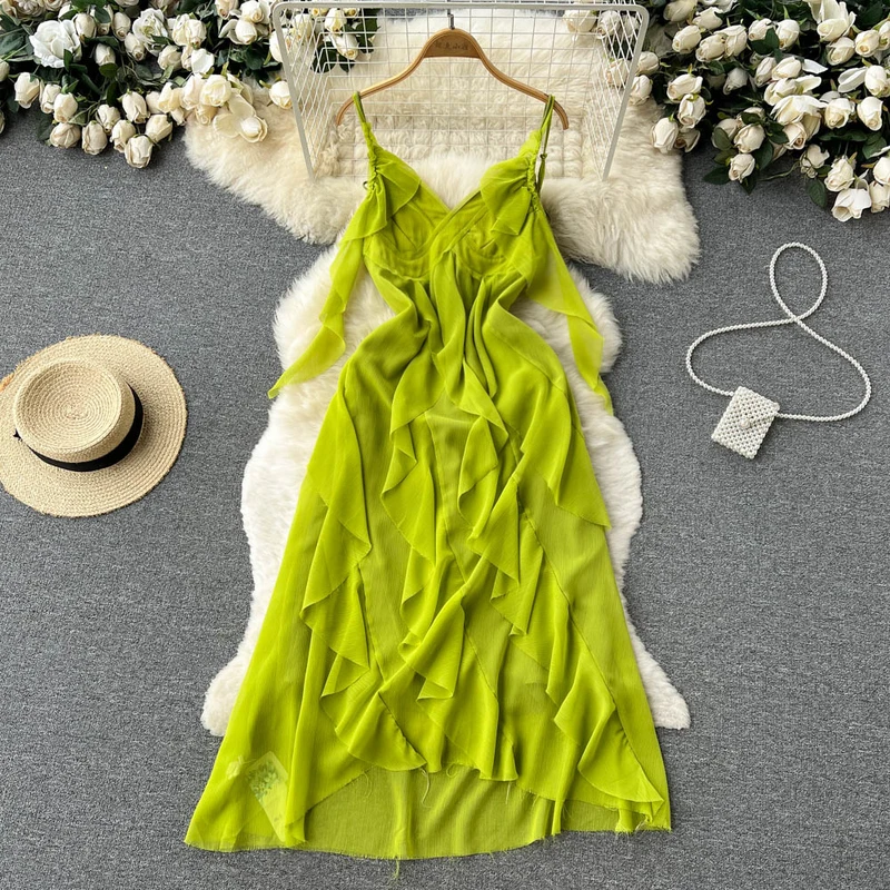 

Green Chiffon Summer Long Dress Women Elegant Sleeveless Layered Ruffle Ruched Party Boho Beach Dresses Casual Vestidos 2022