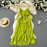 green chiffon summer long dress women elegant sleeveless layered ruffle ruched party boho beach dresses casual vestidos 2022