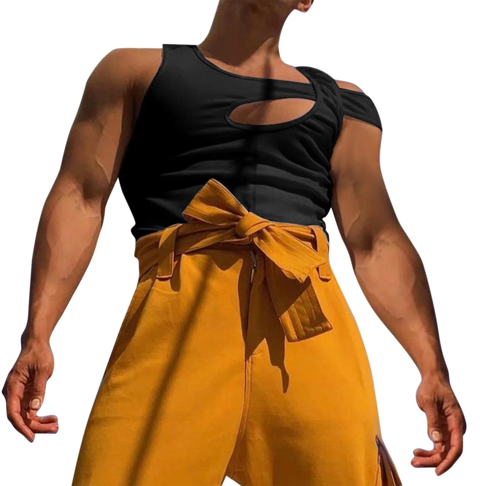 

Мужская 2023 Летняя Сексуальная майка без рукавов, топы, однотонные повседневные топы с вырезами, полый резервуар, блузки, футболки, мужская мода, нестандартная одежда для мужчин