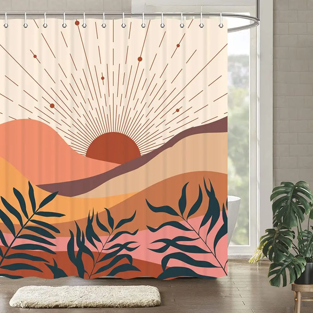 

Mid Century Morden Boho Shower Curtain Abstract Mountain Sunset with Leaf Leaves Shower Curtains Minimalist Geometric Bath Decor