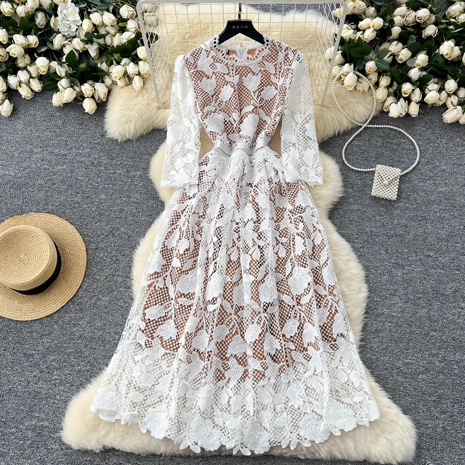 Белое кружевное платье для женщин элегантные платья с круглым вырезом