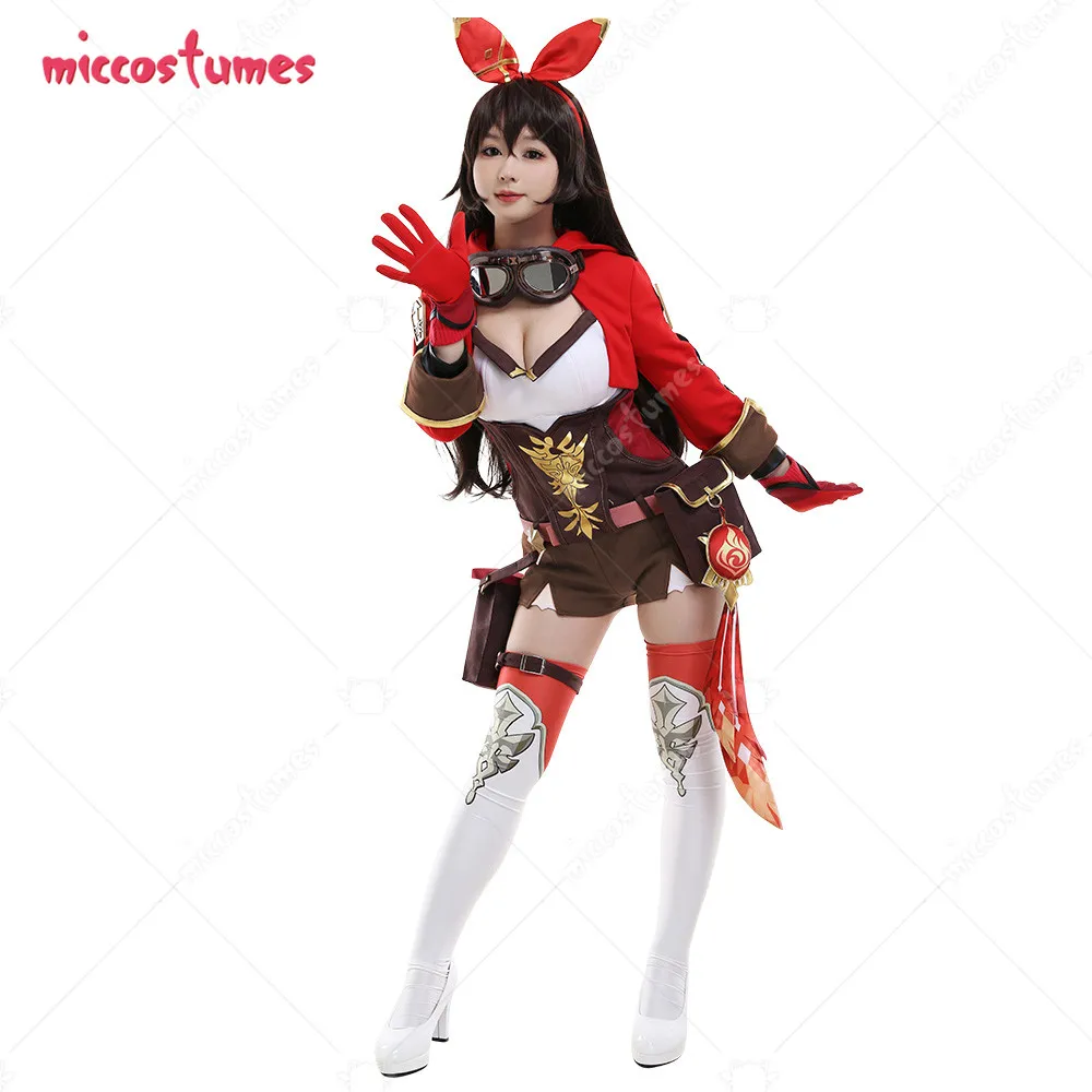 Amber Cosplay Knights Golden Print Suede Spliced Jumper-Like Outfit Cosplay Costume Woman Full Set with Waist Bags and Hair Band