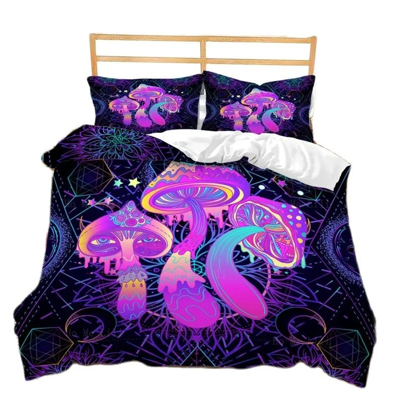 

Meditating Mushroom Medallion Duvet Cover Set Cartoon Trippy Drawing 60s Hippie Shamanic Printed Bedding Decor
