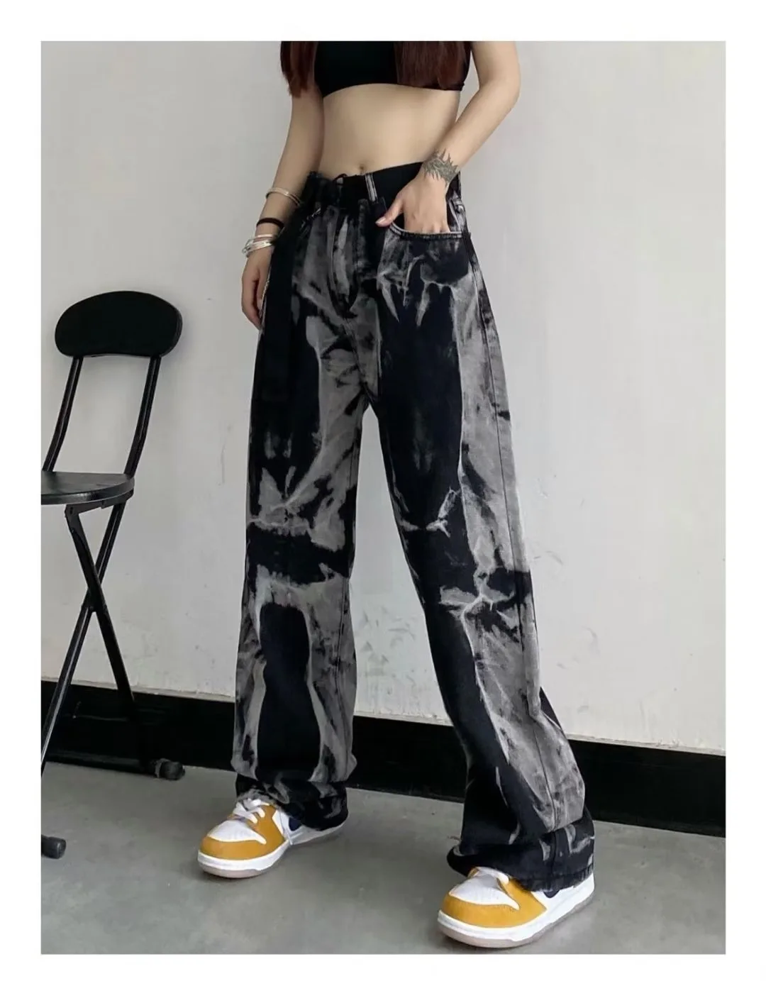 

Tie-dye Loose Straight black jeans women Y2k Clothing 2022 summer Baggy Jean Trousers Streetwear Hip Hop Wide Leg mopping pants