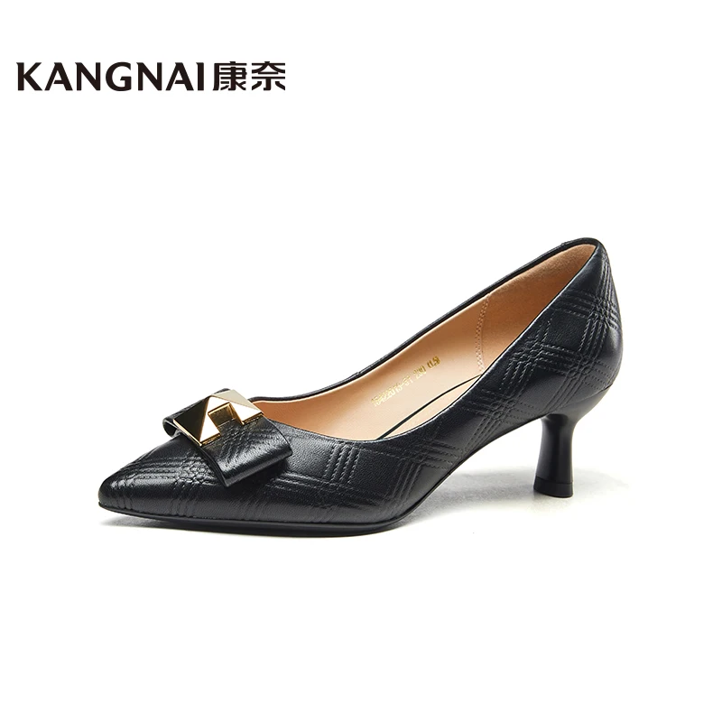 

KANGNAI Pumps Women Shoes Sheep Leather Thin Heels Fashion Black Pointed Toe Slip-On Female Office Shoes