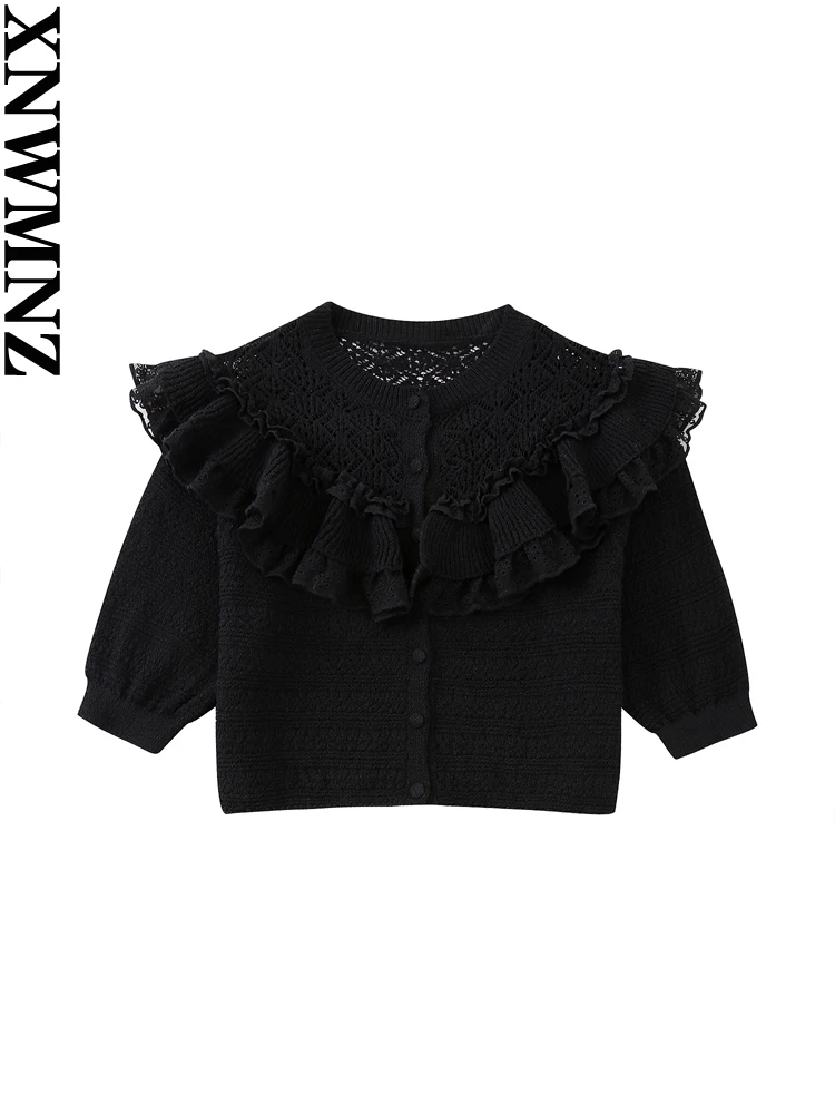 

XNWMNZ 2023 женский модный черный кружевной трикотажный топ, Женский винтажный шикарный топ с круглым вырезом и коротким рукавом с оборками и пу...