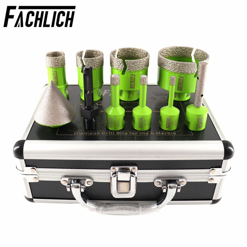 FACHLICH 10pcs 5/8-11 Diamond Core Drill 6/8/10/25/35/50/65mm Tile Cutter Marble Milling Finger Bits Chamfer Crown+SDS Adapter