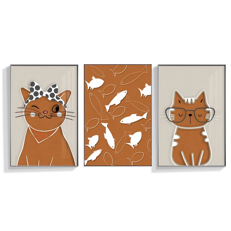 

Bow Cat Girl Fish Canvas Painting Abstract Brown Kitten Animal Wall Posters Print Nordic Art Picture for Living Room Aisle Decor