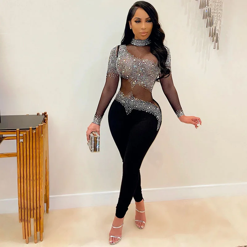 Sheer Mesh Jumpsuit 2023 Elastic One Shoulder Party Rompers And Jumpsuits For Women Long Sleeve One Piece Romper Fashion Sexy