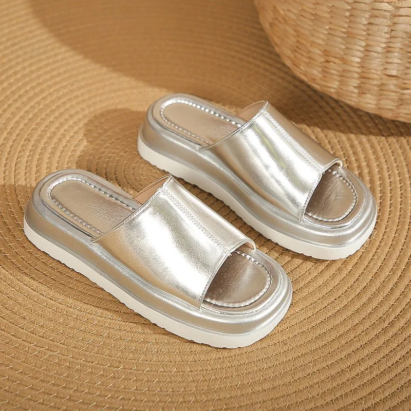 2023 Summer Platform Sandals For Women Wedge Slingback Fashion Metallic Glitter Open Toe Slipper Shoes Casual Slip On Sandals