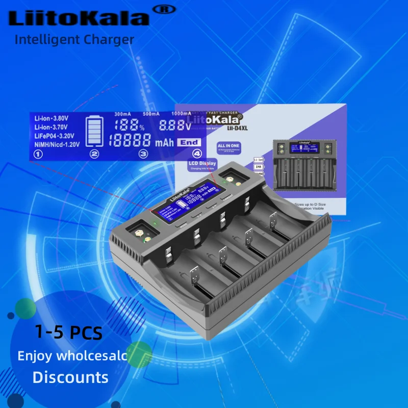

1-5PCS LiitoKala Lii-D4XL 26650/18650/21700/18500/14500/16340/32700/AA/AAA 3.2V/3.7V/1.2V/9V Li-ion Ni-MH Smart Battery Charger