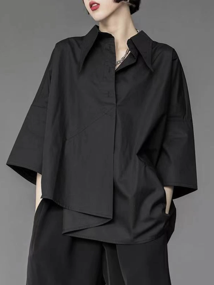 

Black Shirts New Summer Loose Unique Short-sleeved Women Irregular Three-quarter Sleeve Handsome Unisex White Blouse Women Tops