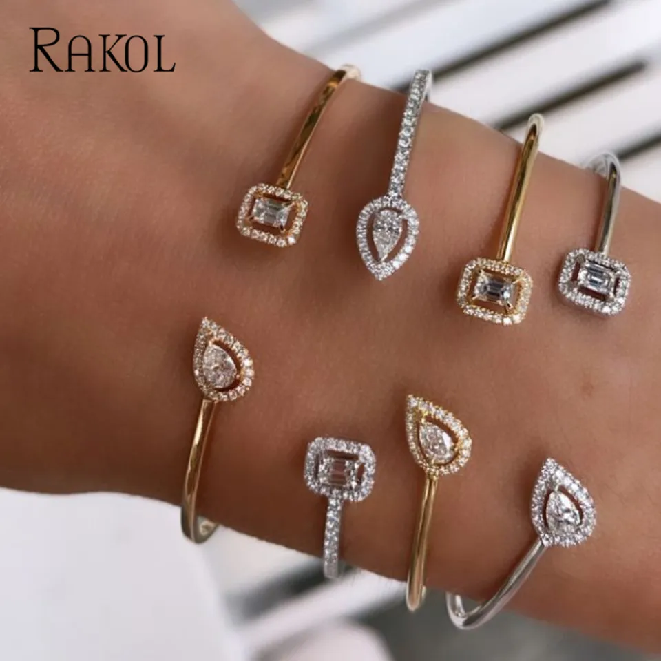 

RAKOL White Cubic Zirconia Adjustable Open Bracelet Cuff Bangles for Women Luxury Wedding Jewelry Anniversary Gifts