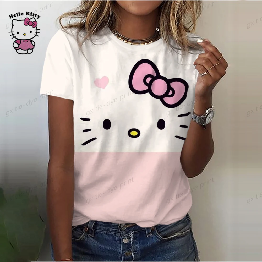 

Hello Kitty Print Women's T-shirt Graphic Harajuku Clothing Female Casual Streetwear Summer O-Neck Oversized Short Sleeve Shirt